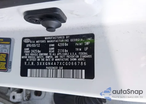 2012 Kia Optima Ex z USA, uszkodzony, nr VIN 5XXGN4A7XCG066786